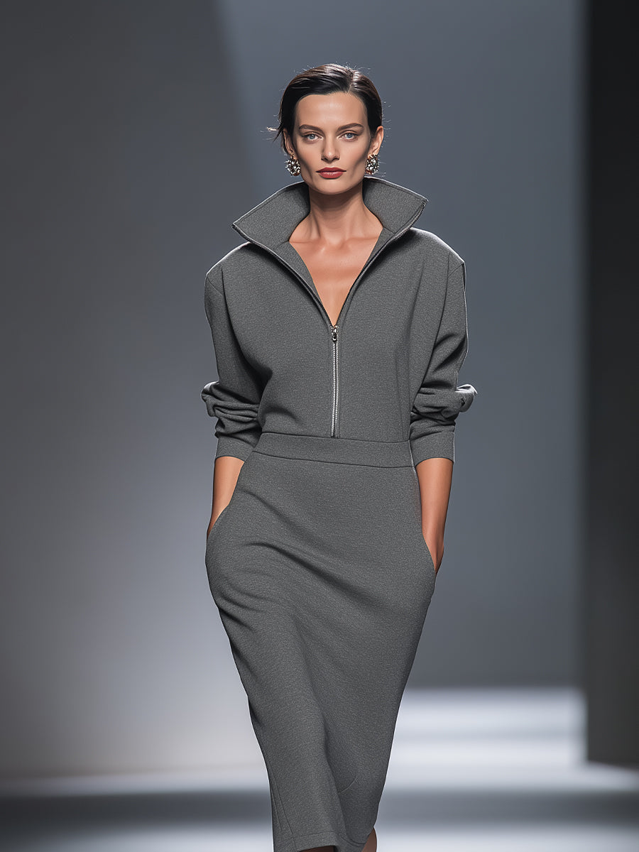 Casual Midi Dress Half Zip in Cotton Polyester