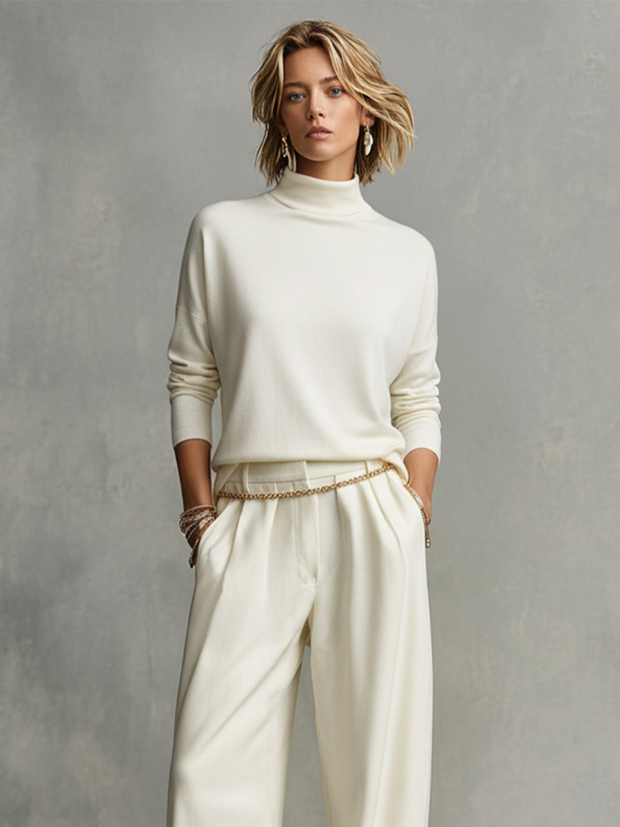 Cream Soft Knit Chic Turtleneck Top and Flowy Wide-Leg Pant Set