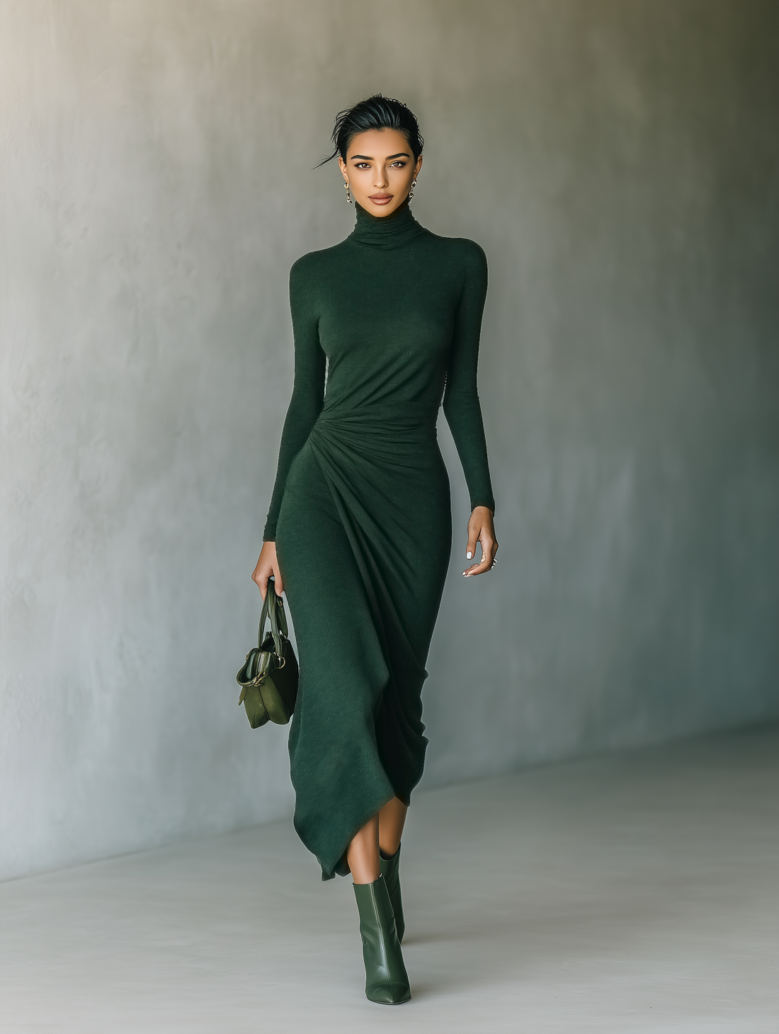 Dark Green High-elastic Knitted High-neck Wrap Midi Dress
