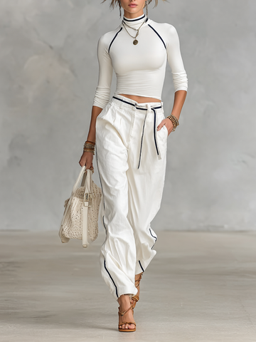 Casual Two-piece Set Long-sleeved T-shirt with Half-high Collar and Straight Pants