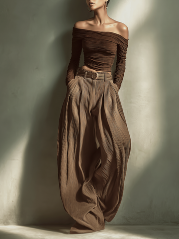 Fashionable Sexy Dark Brown Off-the-shoulder Long-sleeved Fitted Top with Matching Wide-leg Trousers (belt Not Included)