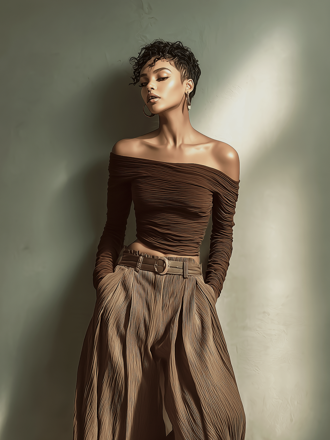 Fashionable Sexy Dark Brown Off-the-shoulder Long-sleeved Fitted Top with Matching Wide-leg Trousers (belt Not Included)