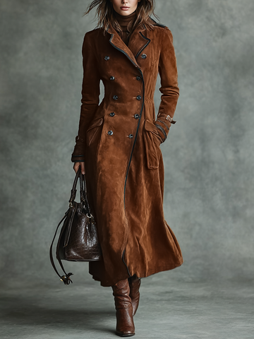 Suede Trim Double-breasted Lapel Long Coat