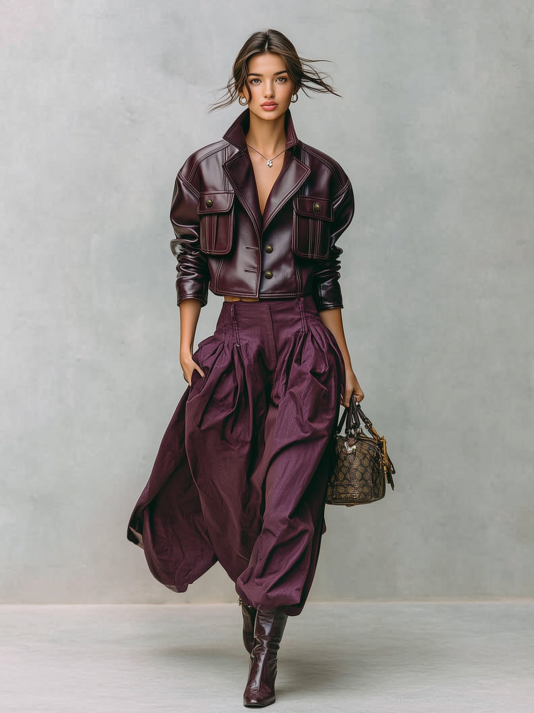 Loose PU Leather Short Jacket with Double Chest Pockets