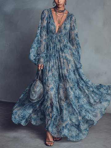 Bohemian Style Blue Floral Print V-Neck Lantern Sleeve Chiffon Maxi Dress