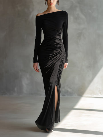 Black Elegant Jersey Off-Shoulder Ruched Slit Maxi Dress