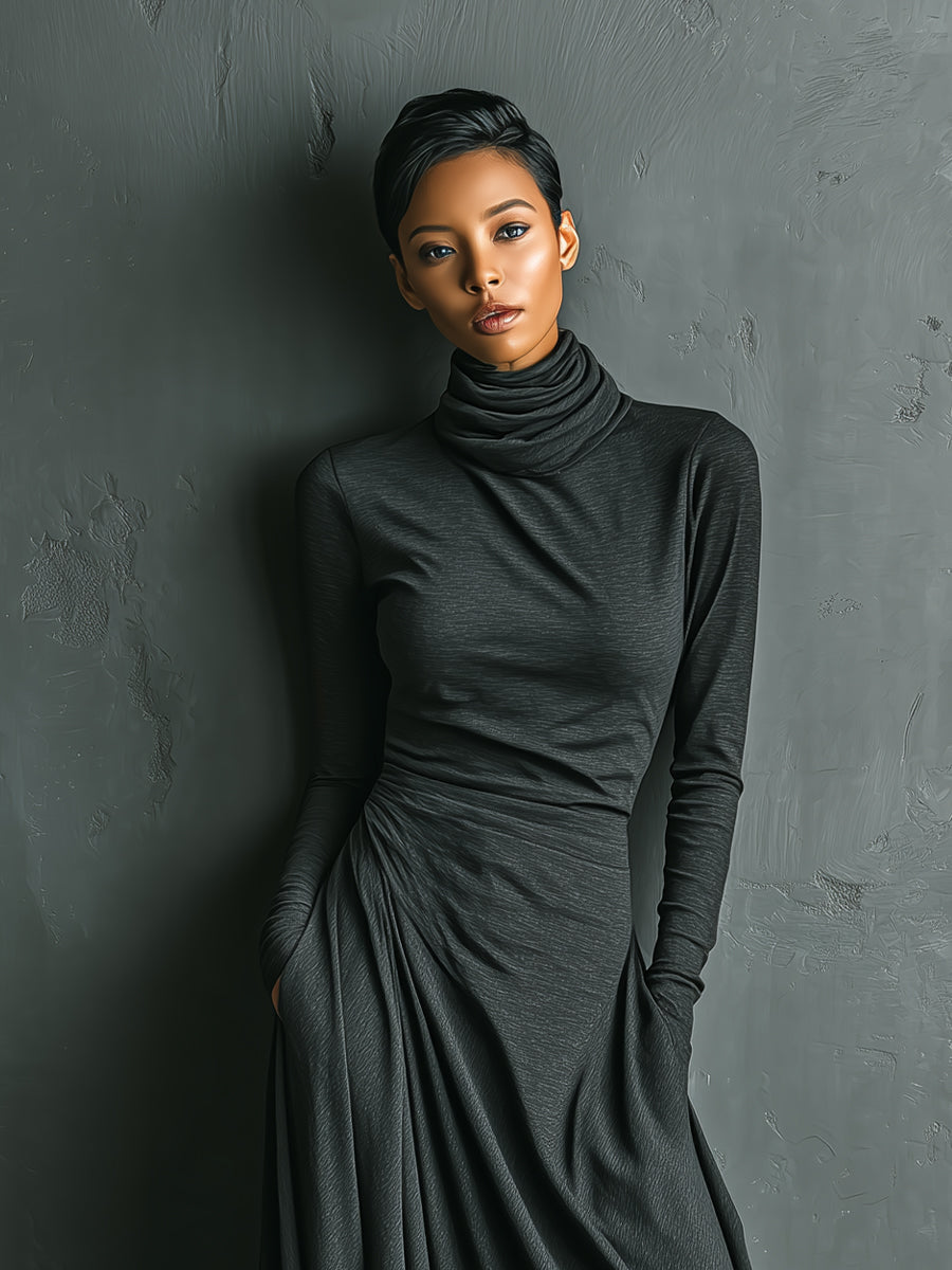 Charcoal Elegant Stretch Polyester-Cotton Blend Turtleneck Draped Maxi Dress