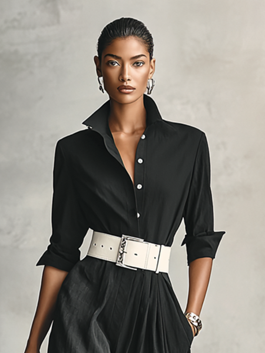Lapel Single Breasted Long Sleeve Belted Jumpsuit for Women