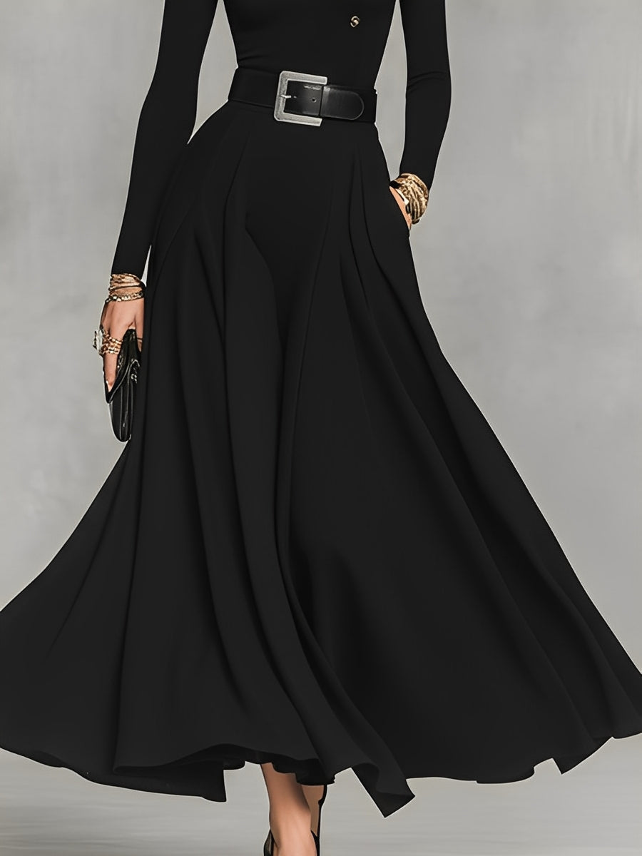 Black Knit Elegant High Neck Button Detail Maxi Dress