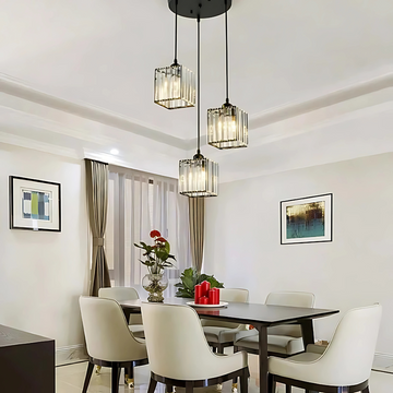 Modern Glass Pendant Light – Round & Rectangle (3-Light Matte Black Fixture)