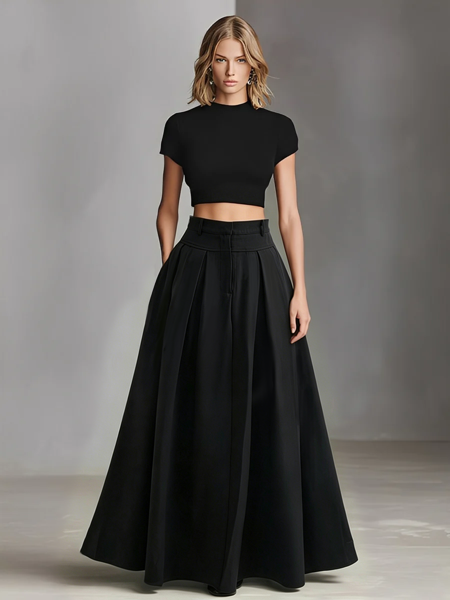 Black Stretch-Knit and Woven Set Featuring Cropped Top and Maxi Dress Timeless Sleek-Chic Style Set Without Belt