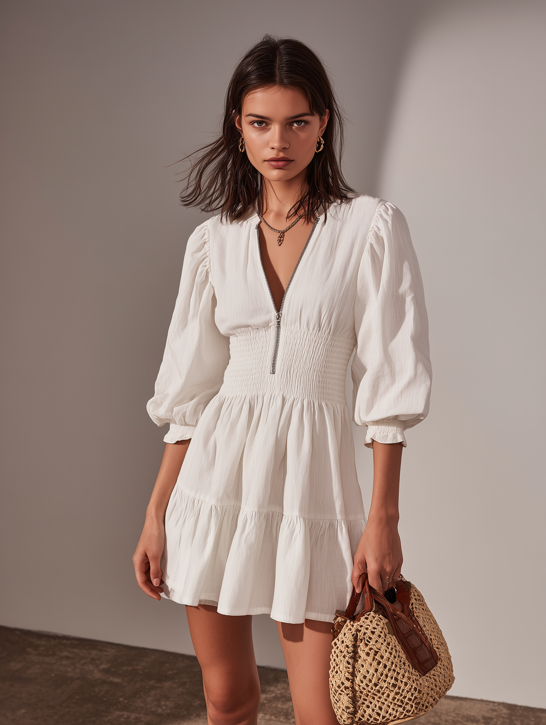 Casual White Cotton-Linen Short Dress With Round Neck Mid-Length Sleeves And Zipper Detail