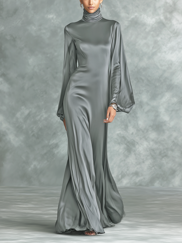 Fashionable Grey Satin High-neck Long-sleeved Loose-fitting Maxi Dress