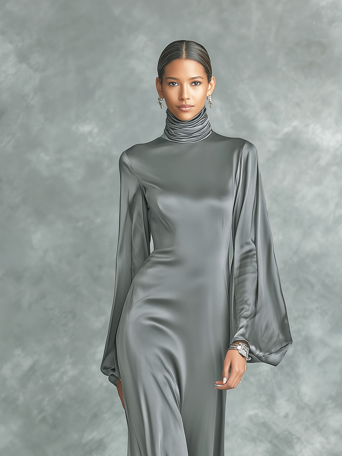Fashionable Grey Satin High-neck Long-sleeved Loose-fitting Maxi Dress