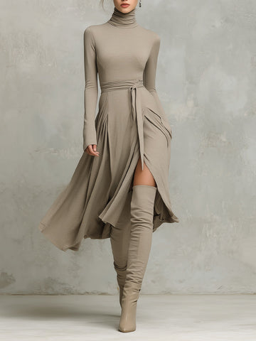 Elegant Long Sleeves Knit Blend Midi Dress for Women